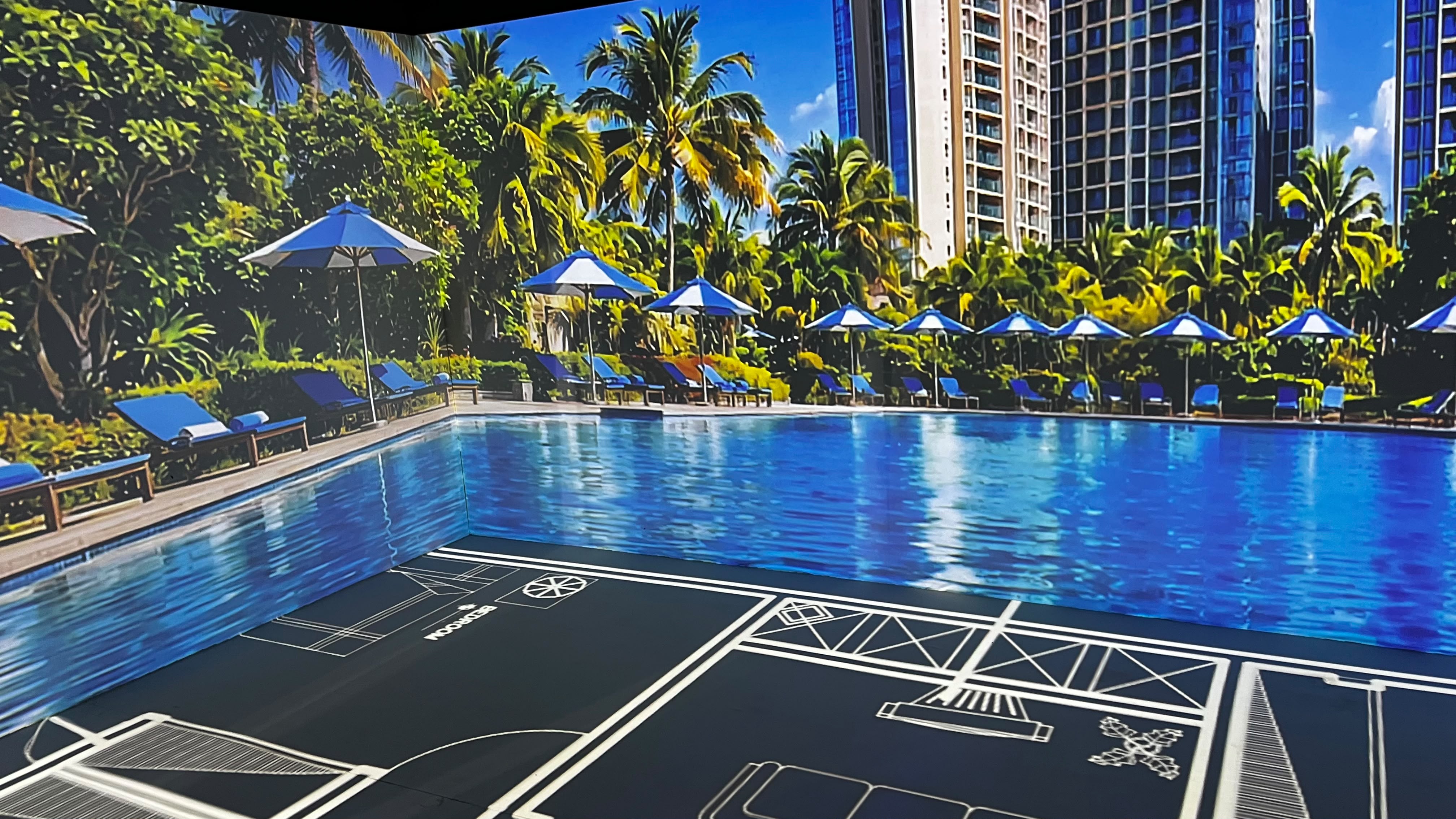 Floor plan projection with wraparound poolside imagery