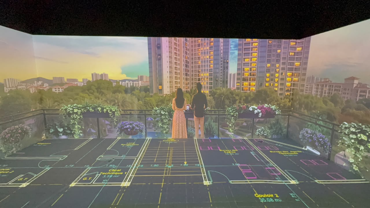 Floor plan projection beneath panoramic architectural imagery