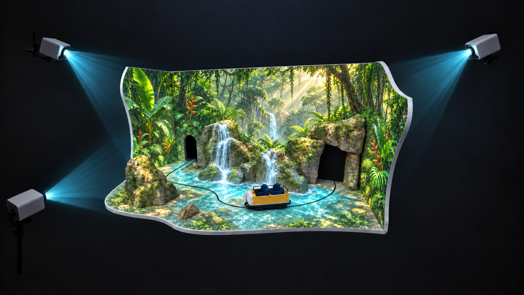 Concept illustration of a projection-mapped ride with jungle scenery, waterfalls and a ride vehicle