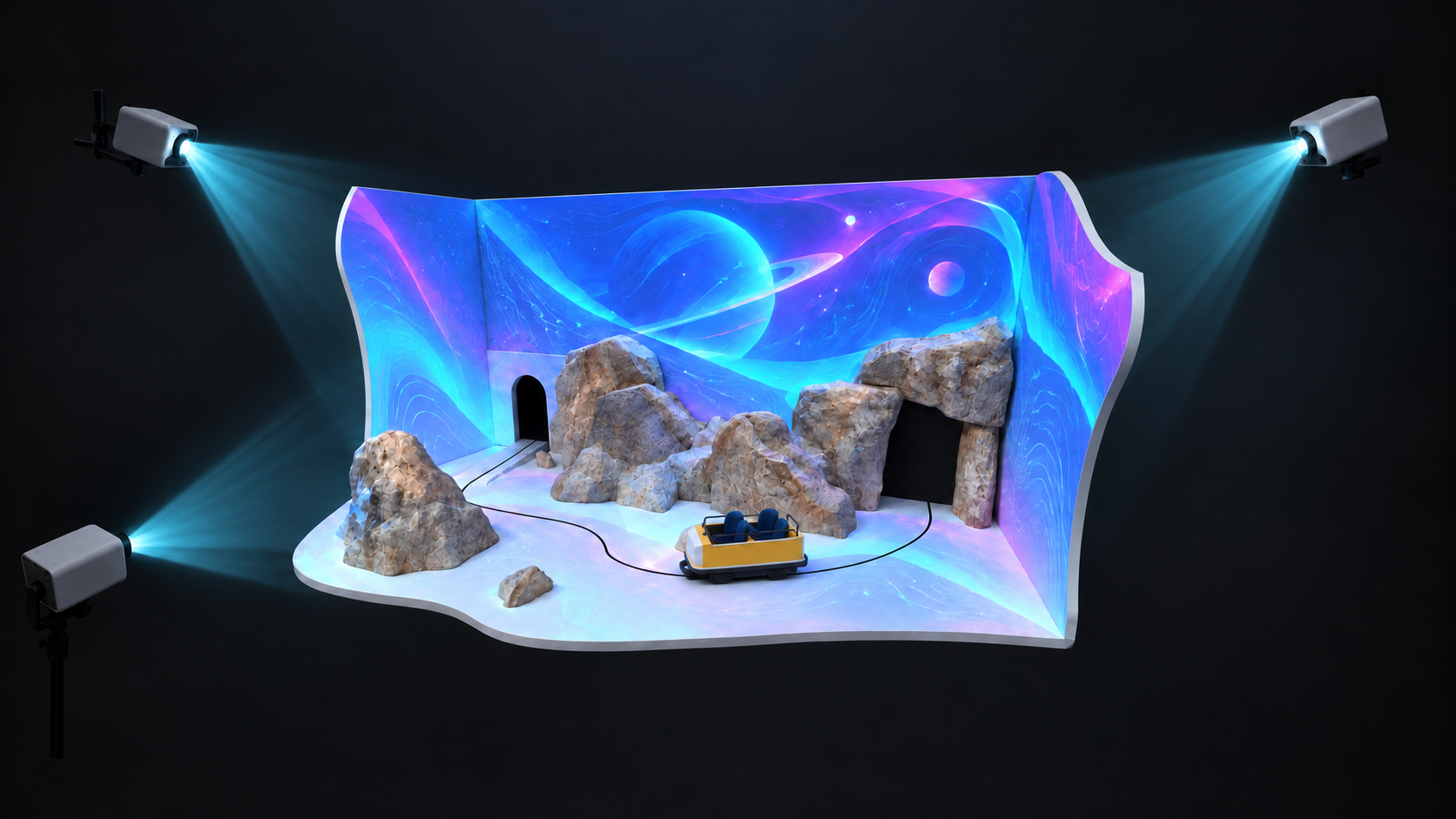 Concept illustration of a projection-mapped ride with planets, blue and purple space imagery and a ride vehicle